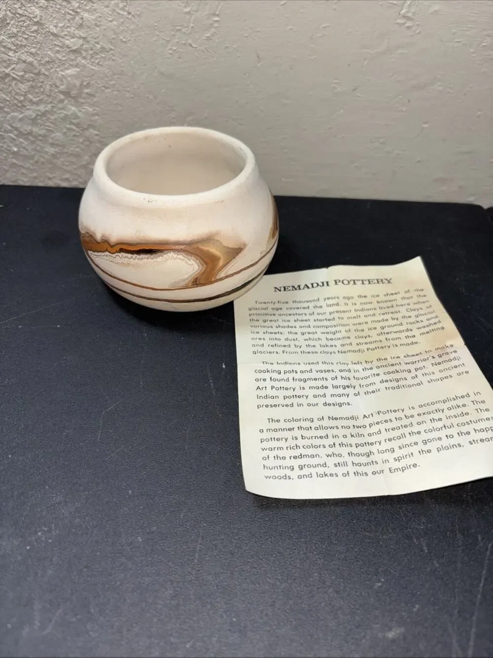 Nemadji Pottery Vintage Bowl / Planter , Orange & Brown Swirl Pattern